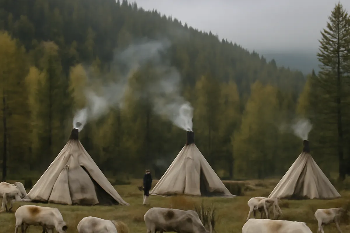 Campement de tipis en feutre des Tsaatan avec fumerolles s'échappant des toits, entouré de rennes dans la taïga mongole