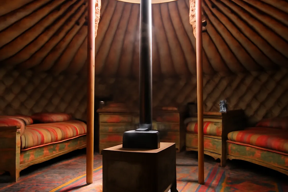 Intérieur d'une yourte mongole traditionnelle avec poêle central, tapis colorés et lumière filtrant par l'ouverture du toit