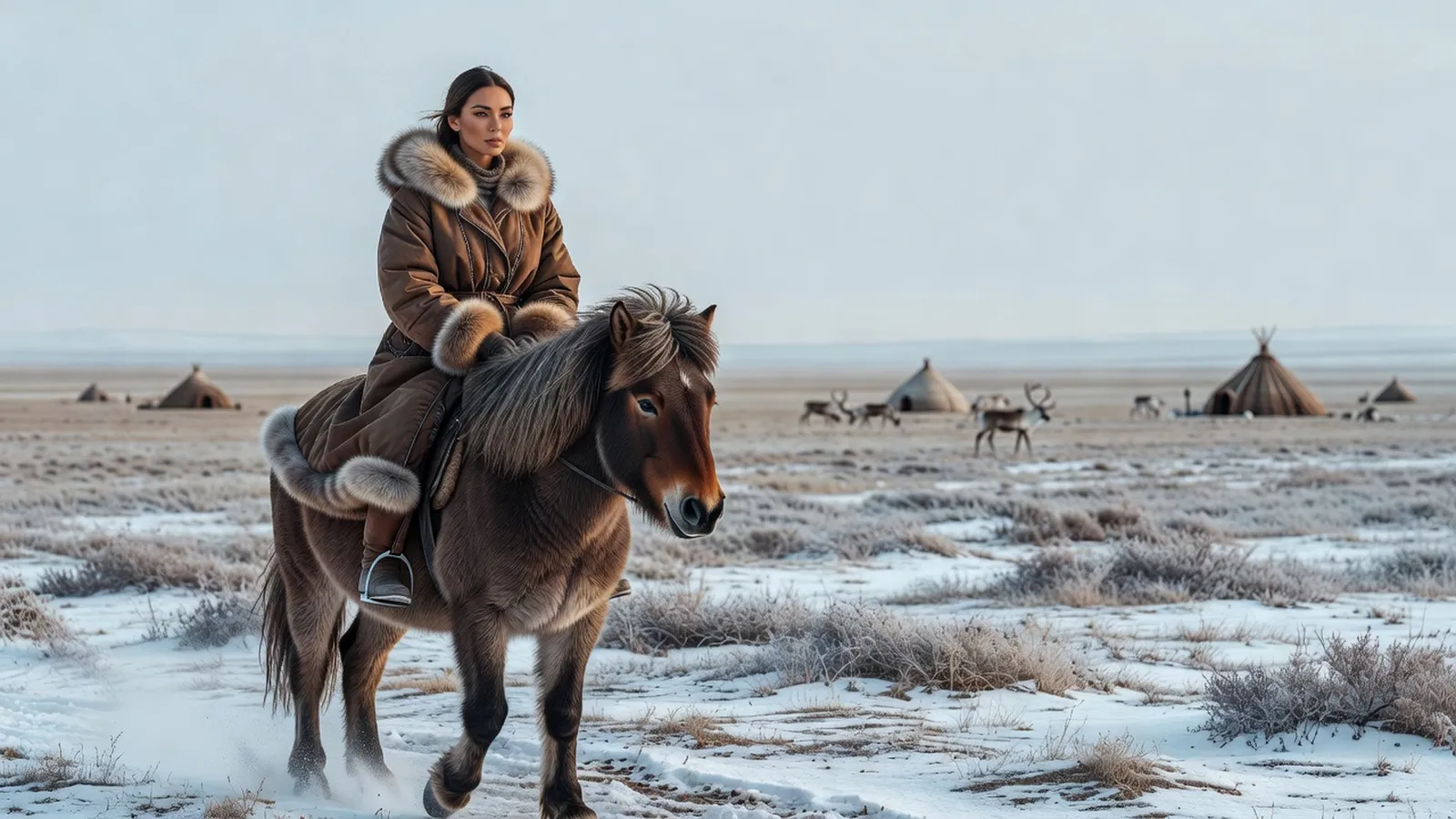 Voyageuse en parka approchant à cheval un campement de tipis tsaatan dans la taïga mongole
