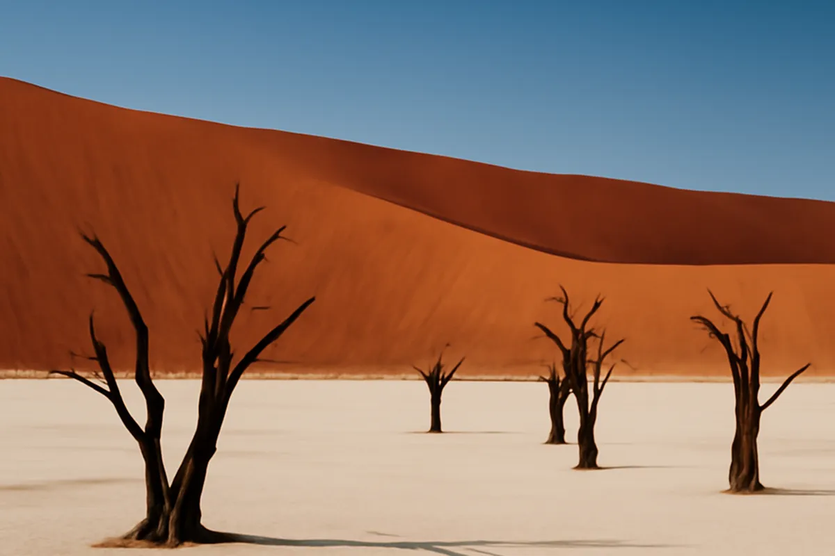 Dunes rouges de Sossusvlei et arbres calcinés du Dead Vlei dans le désert du Namib, Namibie
