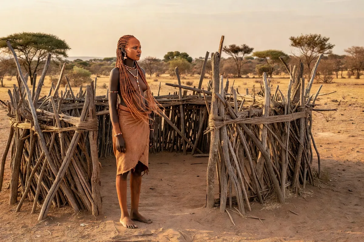 Village himba traditionnel du Kaokoland avec cases en bouse séchée et enceinte en bois, Namibie