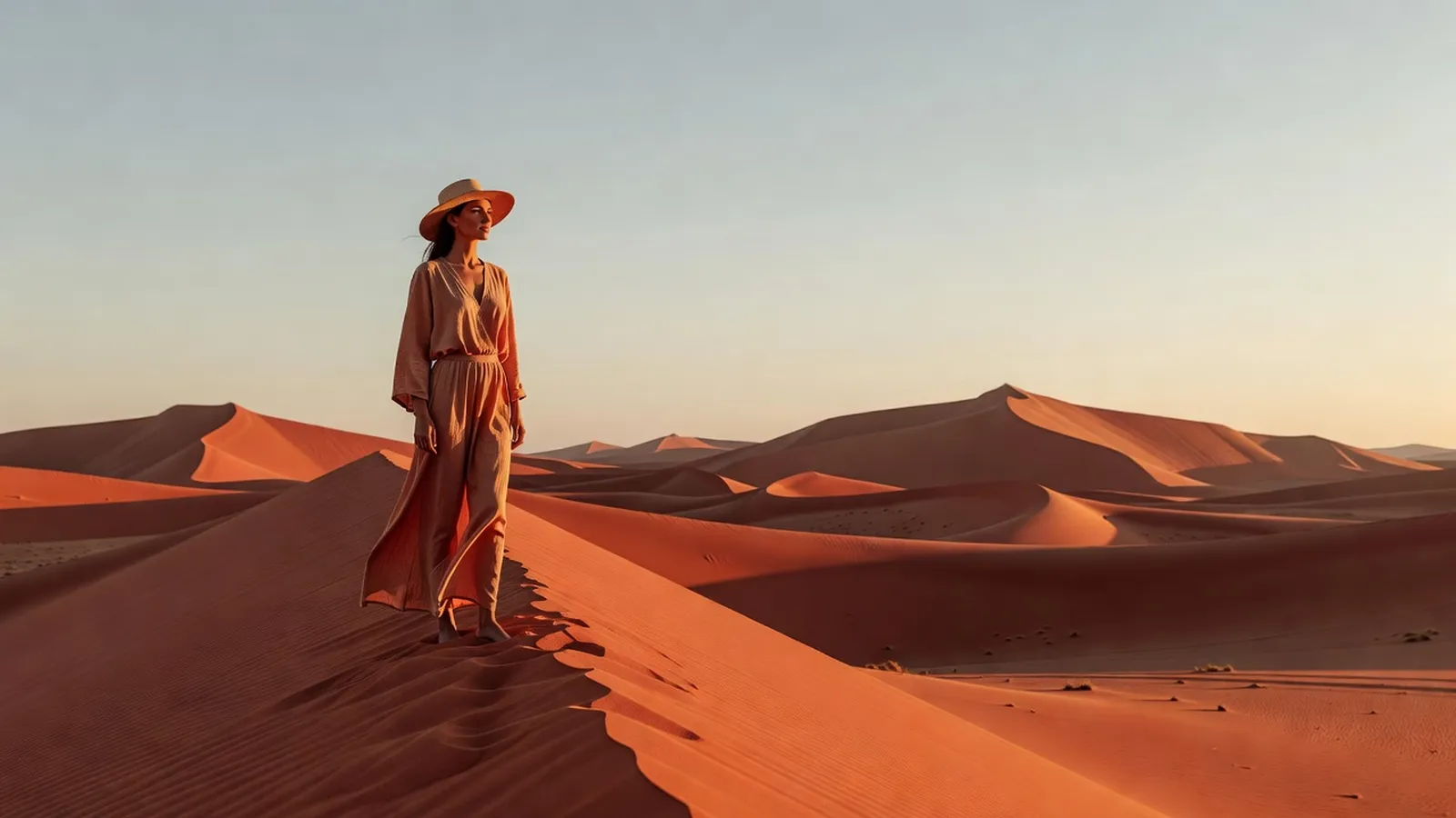 Voyageuse au sommet d'une dune rouge du désert du Namib en Namibie au lever du soleil