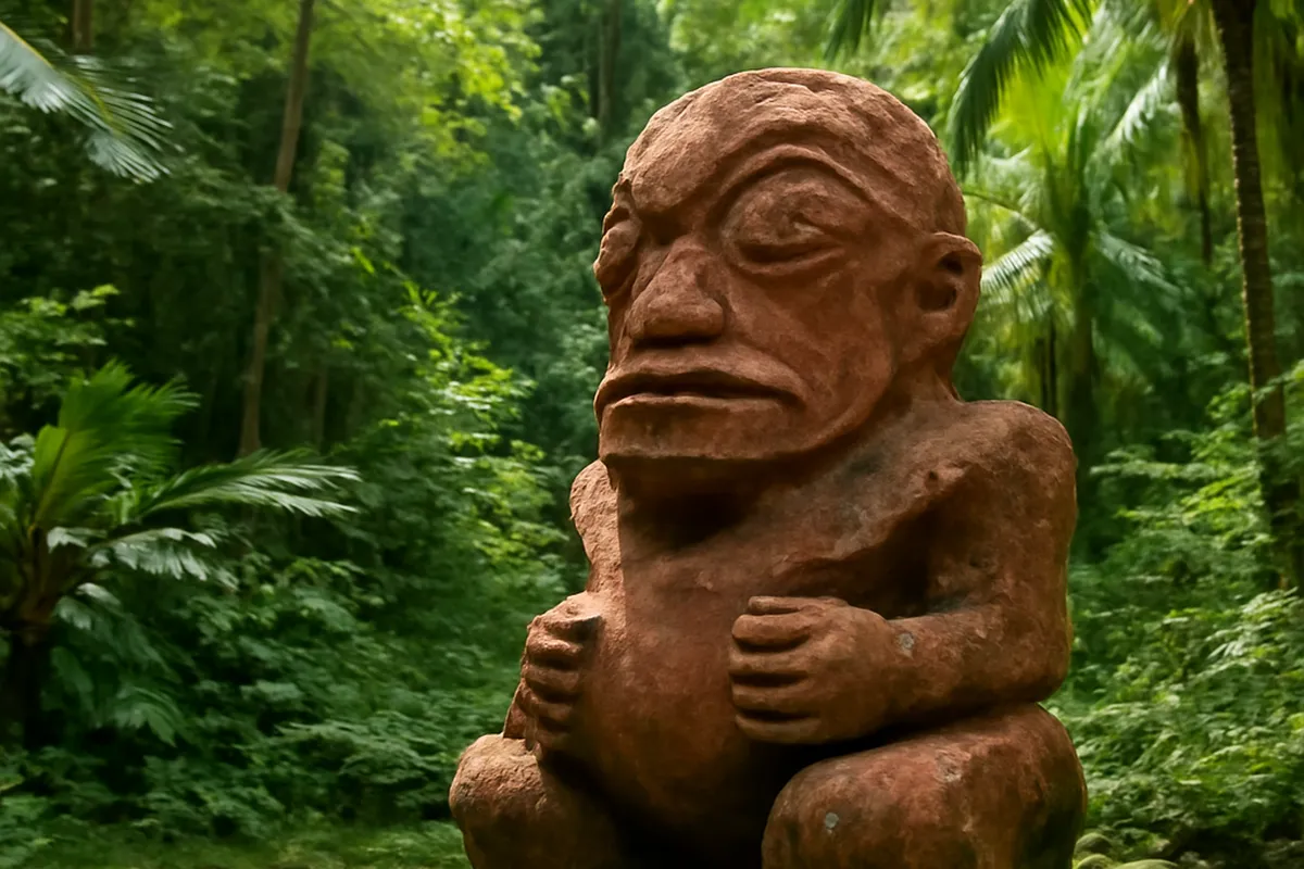 Statue tiki de pierre volcanique rouge entourée de végétation luxuriante aux Marquises