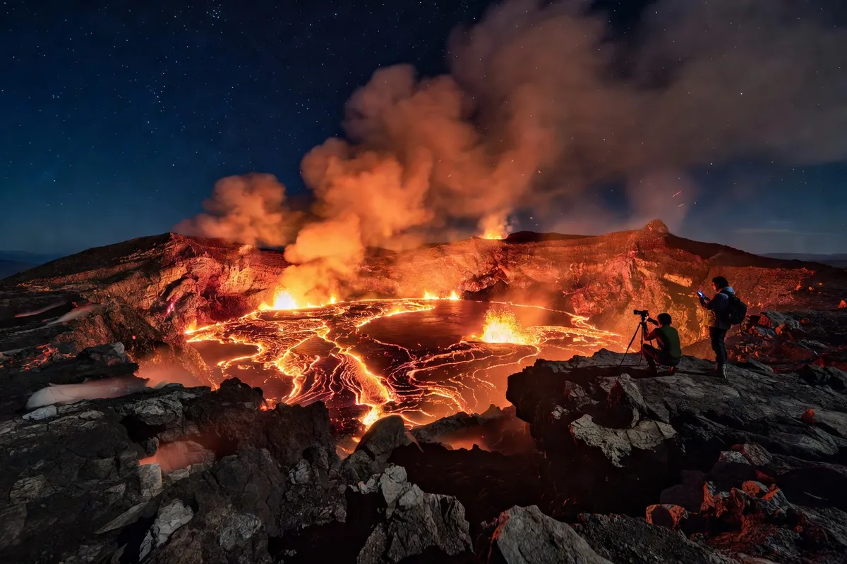 Lac de lave incandescent visible depuis le sommet d'un volcan actif du Vanuatu la nuit