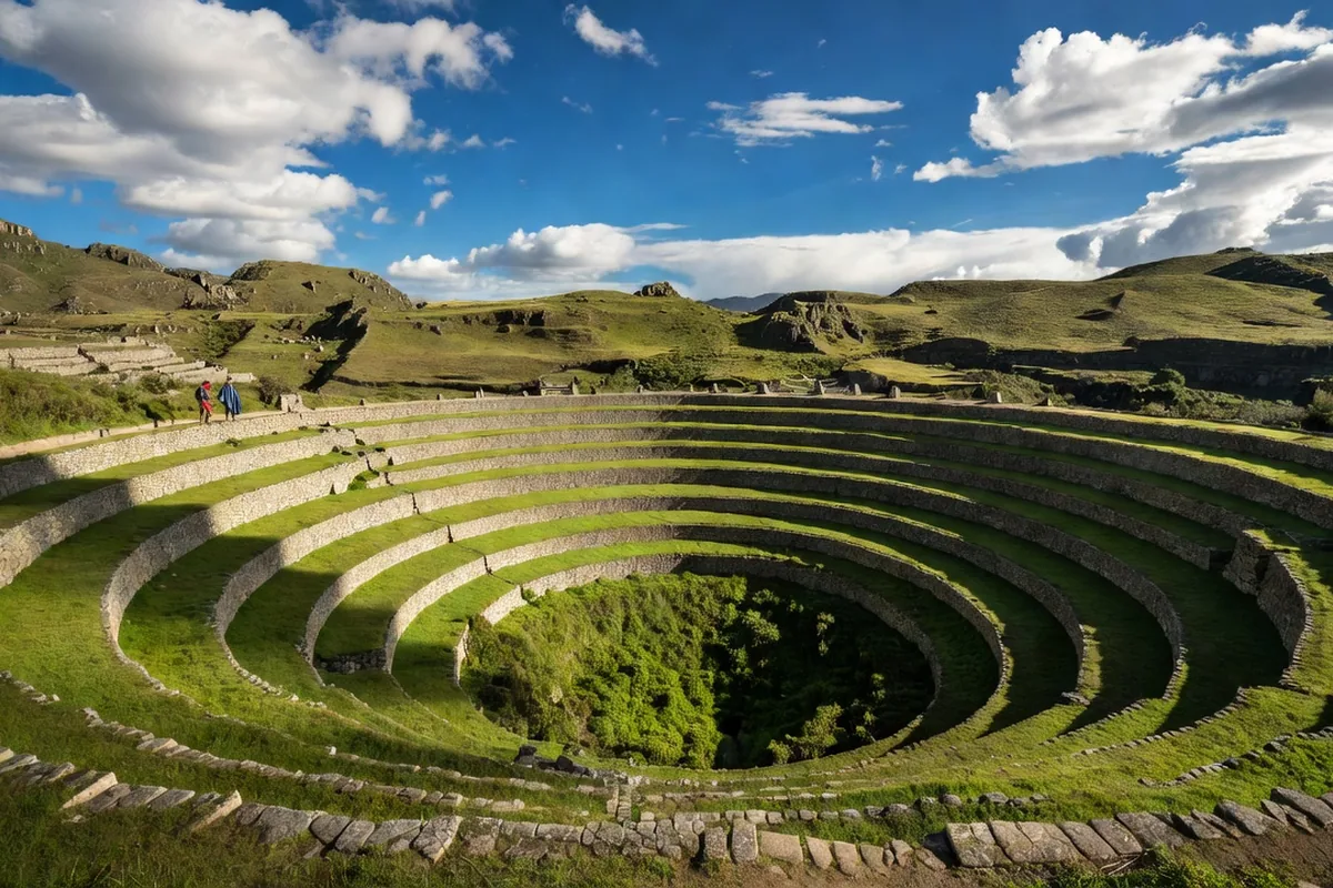Terrasses agricoles circulaires incas de Moray dans la vallée sacrée du Pérou, anneaux de pierre descendant vers le fond verdoyant