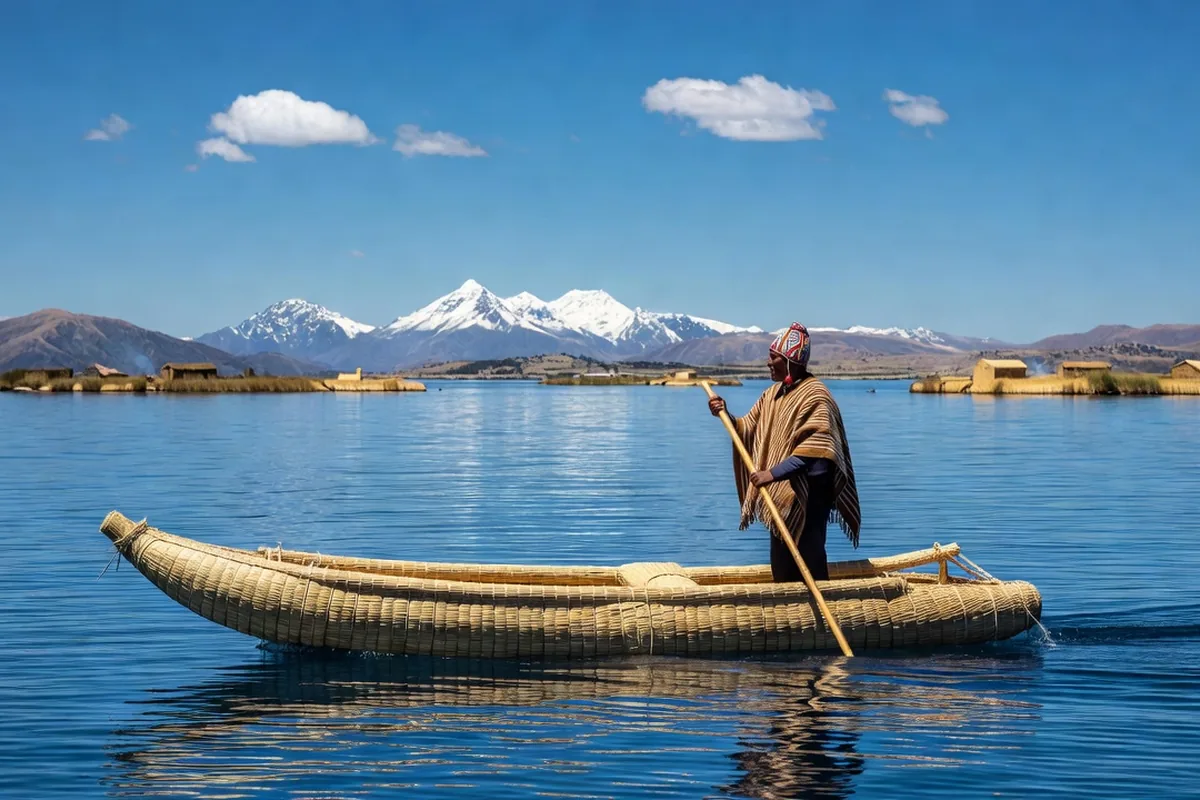 Barque traditionnelle de roseaux naviguant vers les îles flottantes des Uros sur le lac Titicaca, eau bleue et ciel pur