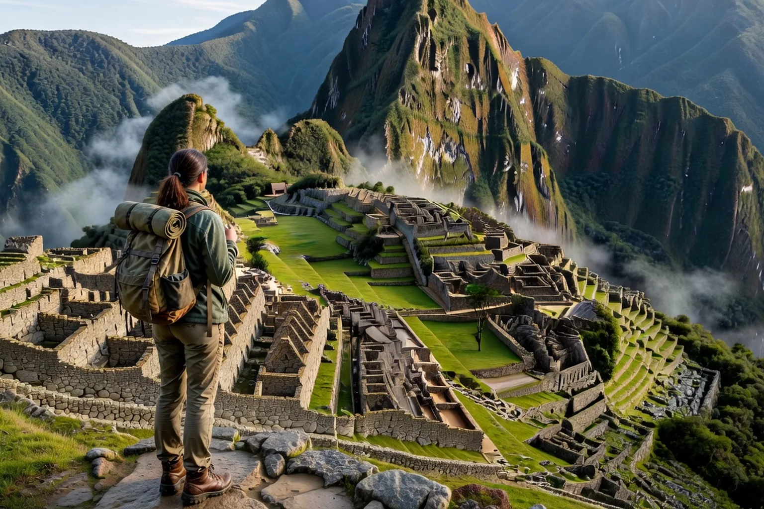 Voyageuse contemplant le Machu Picchu au lever du jour depuis la terrasse supérieure, brume sur les montagnes verdoyantes