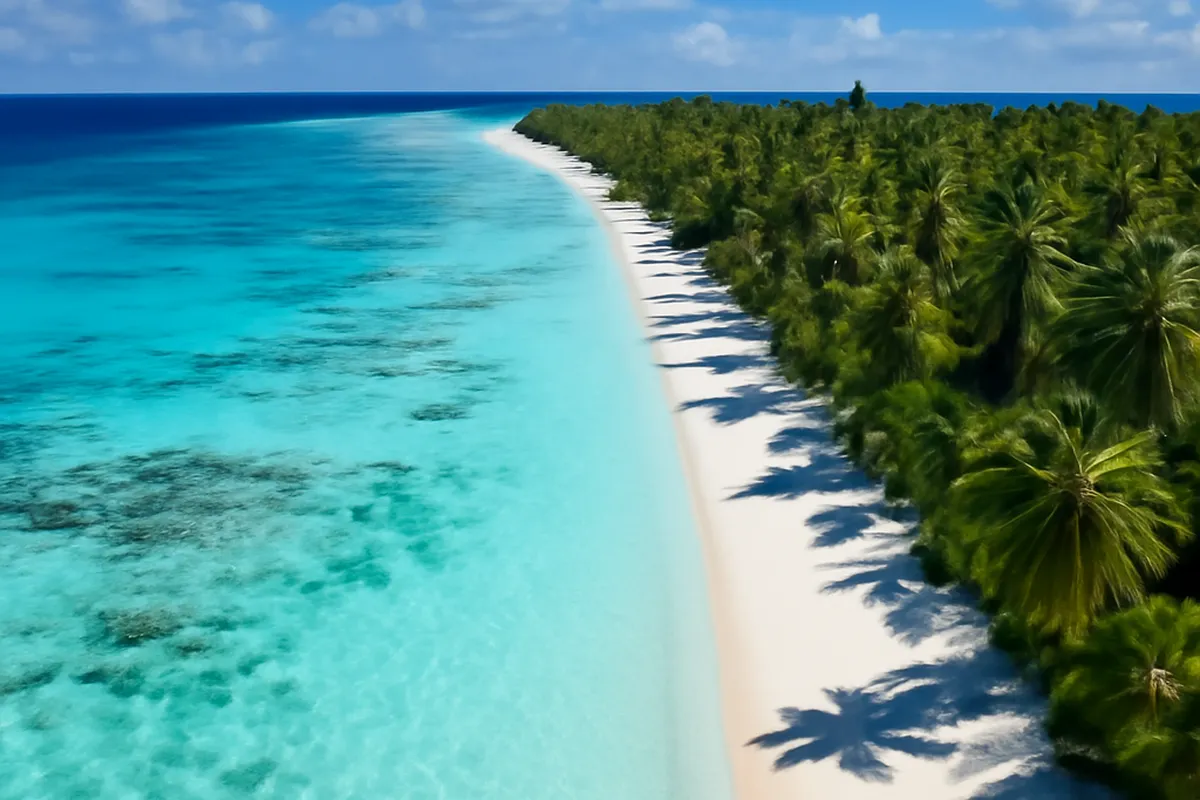 Lagon turquoise transparent du motu piscine de Raivavae aux Australes, en Polynésie française, avec bande de sable blanc
