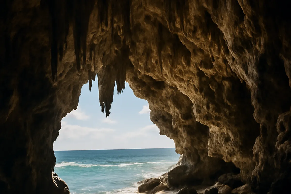 Entrée d'une grotte calcaire de Rurutu aux Australes avec stalactites et lumière naturelle filtrant à l'intérieur