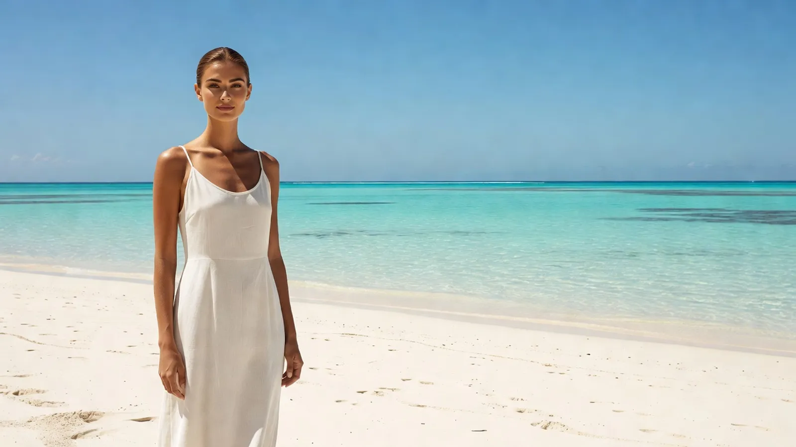 Voyageuse en robe légère face au lagon turquoise du motu piscine de Raivavae en Polynésie