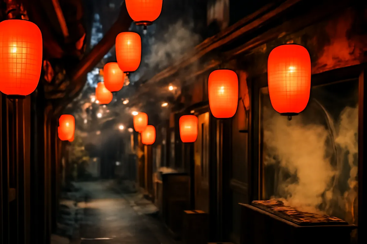 Ruelle illuminée de lanternes rouges dans le quartier de Yokocho à Shinjuku, Tokyo, à la tombée de la nuit