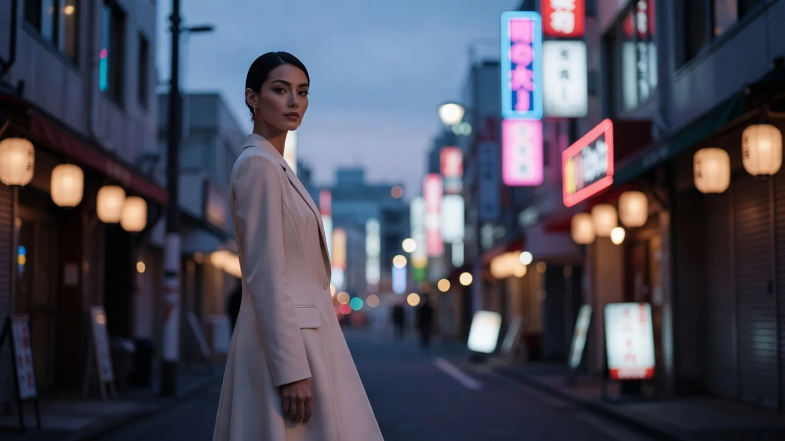 Voyageuse élégante contemplant les néons de Shinjuku à Tokyo au crépuscule