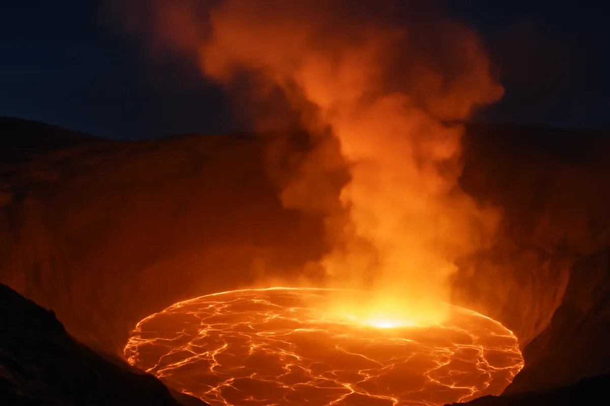 Lac de lave du volcan Marum vu de nuit depuis le bord de la caldeira d'Ambrym, Vanuatu