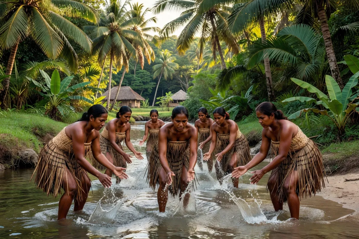 Femmes ni-vanuatu pratiquant la musique de l'eau dans un cours d'eau à Gaua, Vanuatu