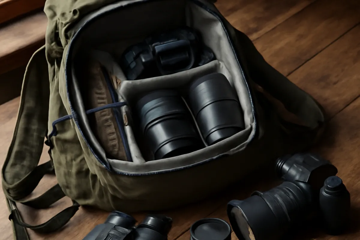 Sac à dos de randonnée ouvert avec matériel de trek et boîtier photo organisés sur une table en bois