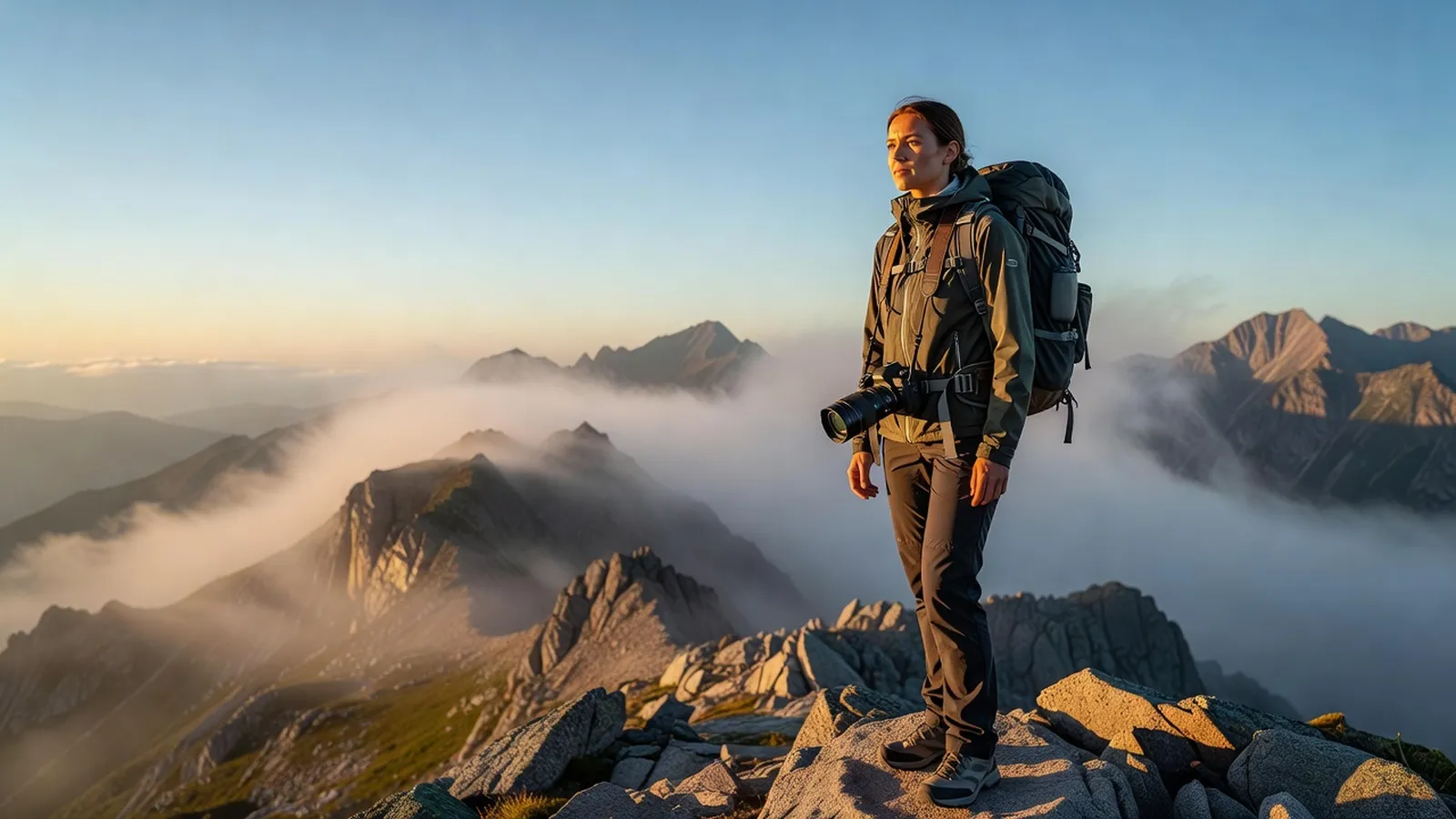 Voyageuse photographe équipée d'un sac à dos et d'un appareil photo, face à un paysage de montagne au lever du soleil