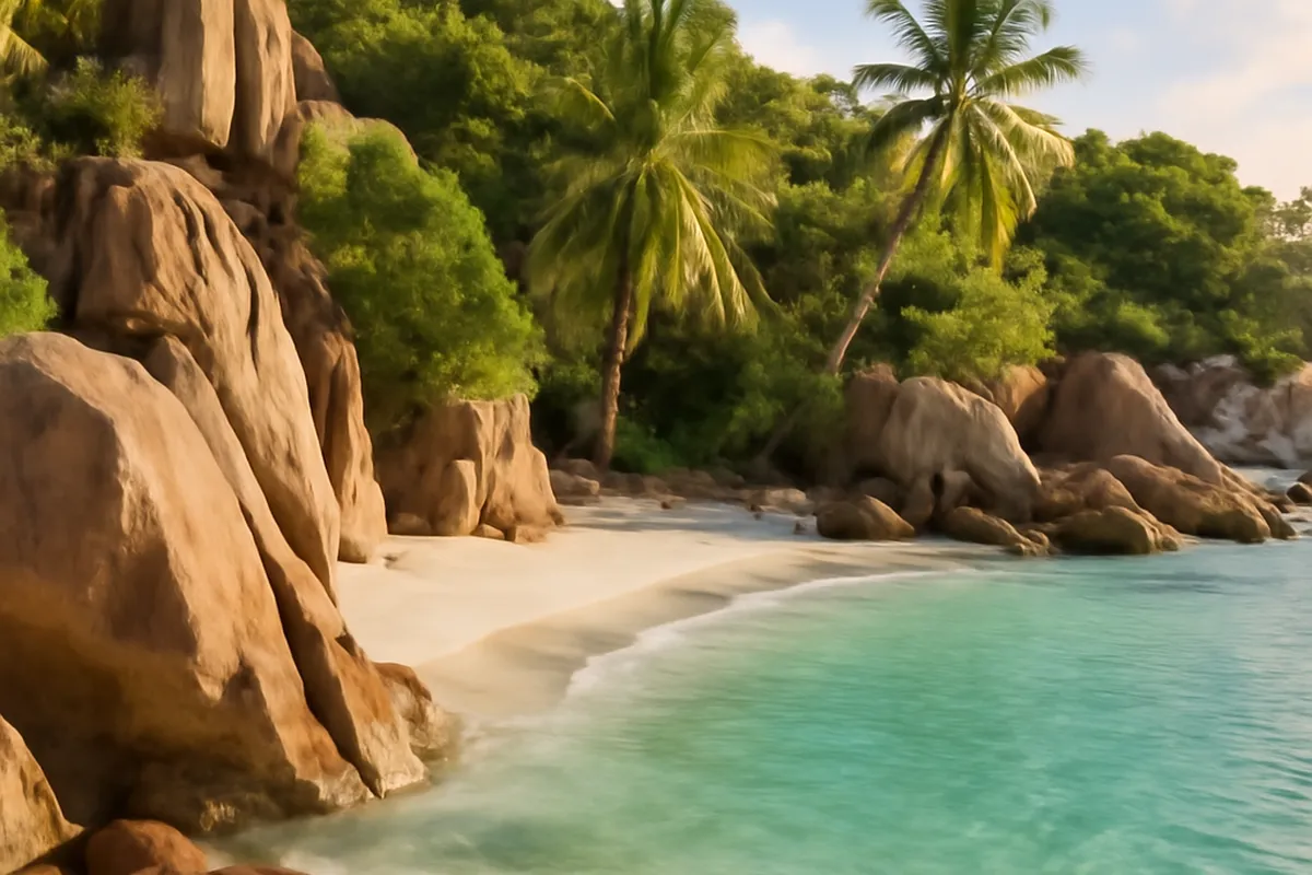 Crique de sable blanc encadrée de rochers de granit rose sur l'île de La Digue aux Seychelles, eau turquoise