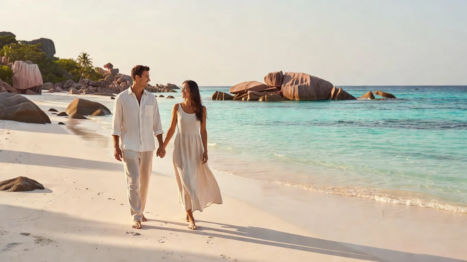Couple élégant marchant main dans la main sur une plage de sable blanc bordée de rochers de granit, océan Indien